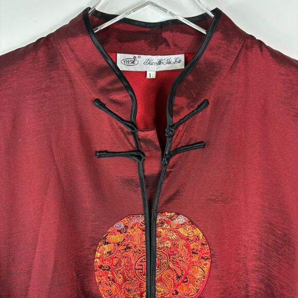 Asian red satin jacket L mandarin collar luxury boho light weight blazer style - Picture 2 of 14